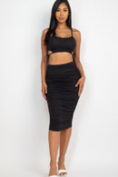 Cut-Out Tie Side Crop Top & Ruched Midi Skirt Set