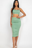 Cut-Out Tie Side Crop Top & Ruched Midi Skirt Set