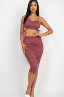 Cut-Out Tie Side Crop Top & Ruched Midi Skirt Set