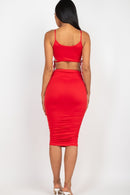 Cut-Out Tie Side Crop Top & Ruched Midi Skirt Set