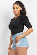 Round Neck Puff Ruched Sleeve Top