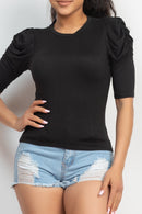 Round Neck Puff Ruched Sleeve Top