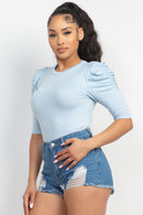 Round Neck Puff Ruched Sleeve Top