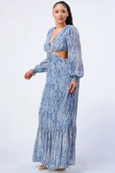 Printed V Neck Self Belted Side Cut Out Ruffled Maxi Dress