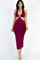 Cut-Out Halter Neck Double Back Tie Split Thigh Midi Dress