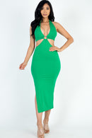 Cut-Out Halter Neck Double Back Tie Split Thigh Midi Dress