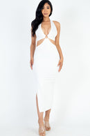 Cut-Out Halter Neck Double Back Tie Split Thigh Midi Dress