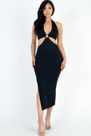 Cut-Out Halter Neck Double Back Tie Split Thigh Midi Dress