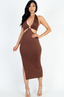 Cut-Out Halter Neck Double Back Tie Split Thigh Midi Dress