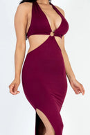 Cut-Out Halter Neck Double Back Tie Split Thigh Midi Dress