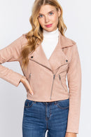 Long Slv Biker Faux Suede Short Jacket