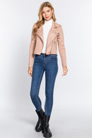 Long Slv Biker Faux Suede Short Jacket