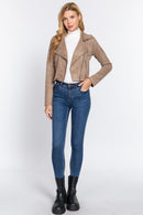 Long Slv Biker Faux Suede Short Jacket