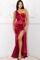 Satin One Shoulder Pleated Draped Side Maxi Dress