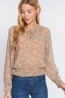 Long Slv Smocked Print Woven Top