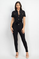 Collared Waist-Tie Buttoned Jumpsuit