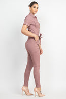 Collared Waist-Tie Buttoned Jumpsuit