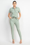 Collared Waist-Tie Buttoned Jumpsuit