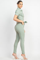 Collared Waist-Tie Buttoned Jumpsuit