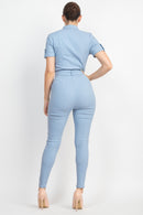 Collared Waist-Tie Buttoned Jumpsuit