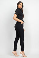 Collared Waist-Tie Buttoned Jumpsuit