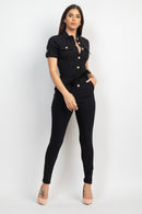 Collared Waist-Tie Buttoned Jumpsuit